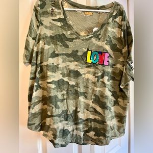 Distressed bleached V neck Camo Love tee